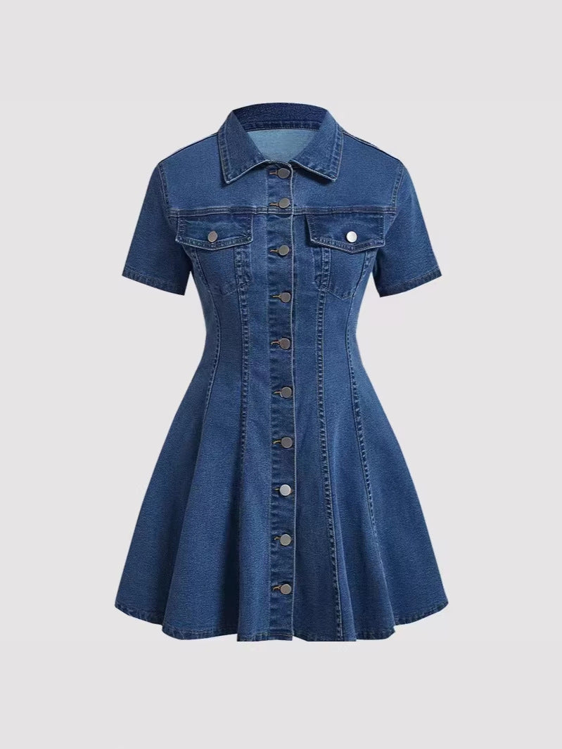 Glamorous Graceful Women's Denim Short-sleeved Waist Dress
