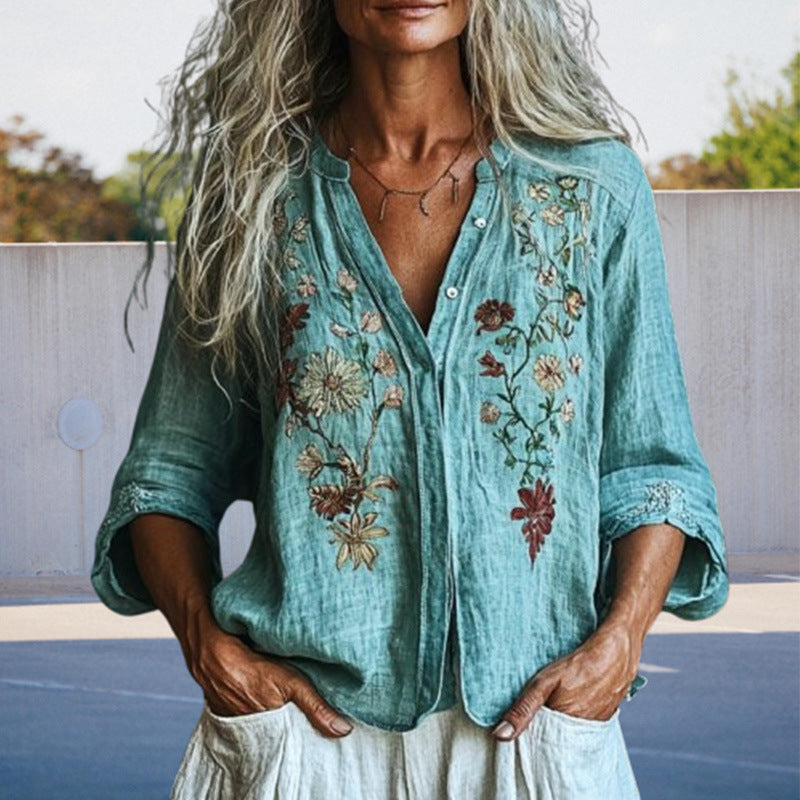 Lake Blue Imitation Embroidery Long Sleeve Blouse