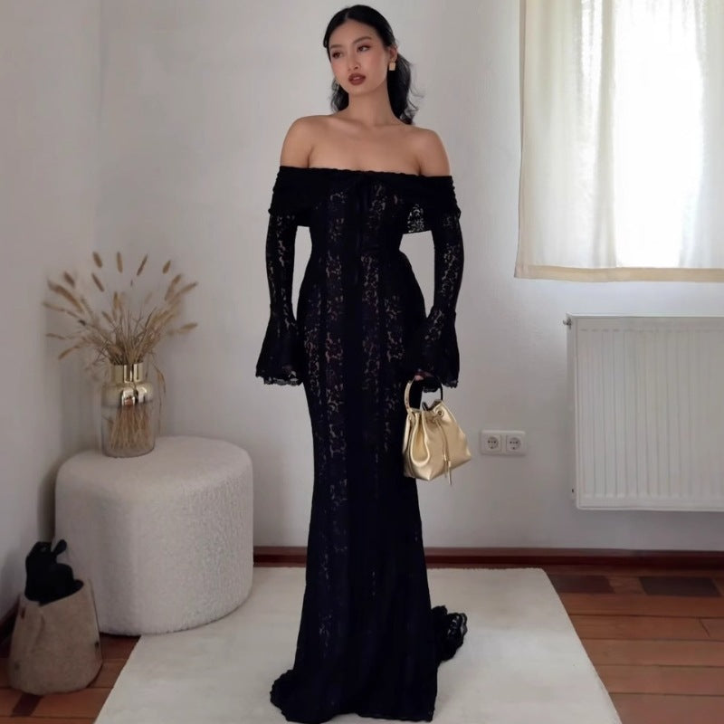 Autumn French Style Temperament Lace Long Flared Sleeve Dress