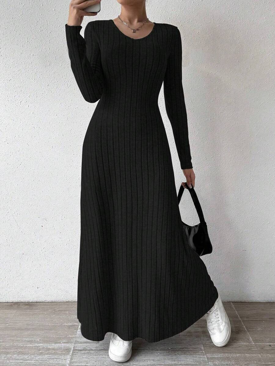 Women's Slim Fit Fashion Wear Knitted Solid Color Long Sleeve A- Dress