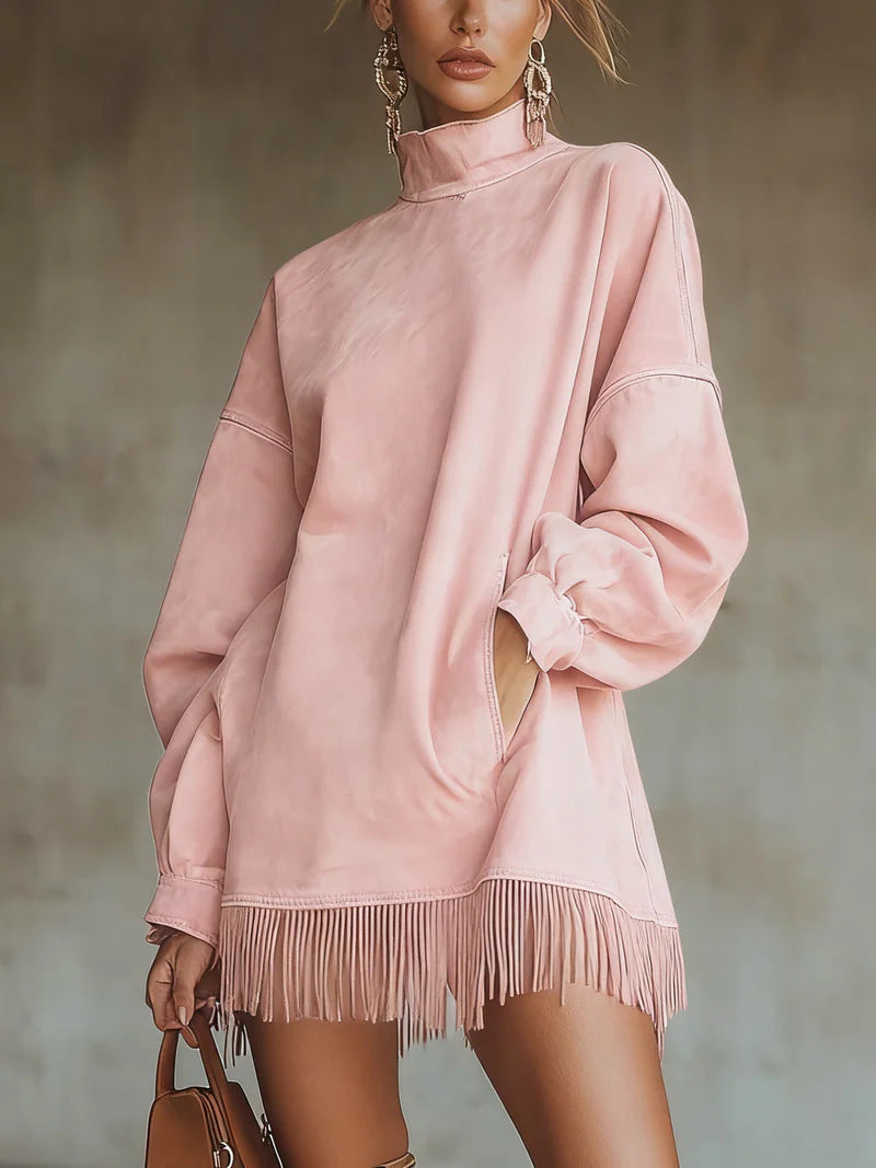 Turtleneck Suede Vintage Loose Pockets Tassel Long Dress