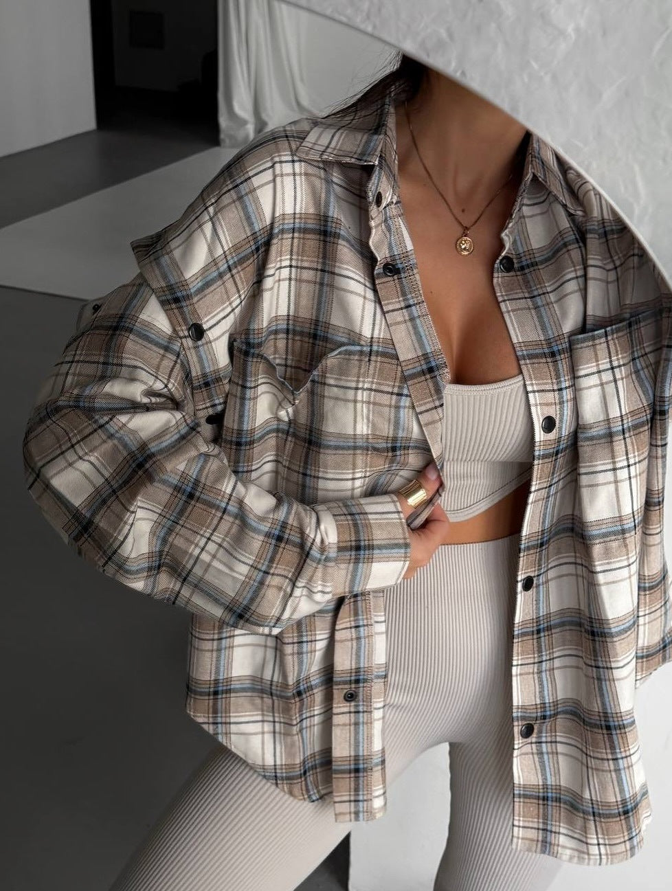 Beautiful Plaid Detachable Long Sleeve Large Pocket Retro Blouse