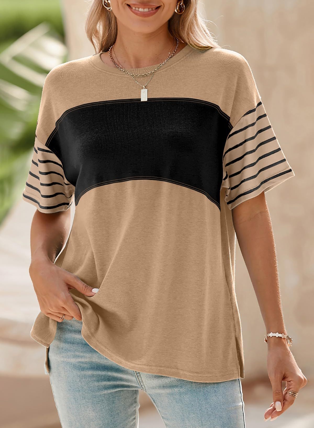 Women's Pullover Crew Neck Casual Striped Contrast Color Women's T-shirt