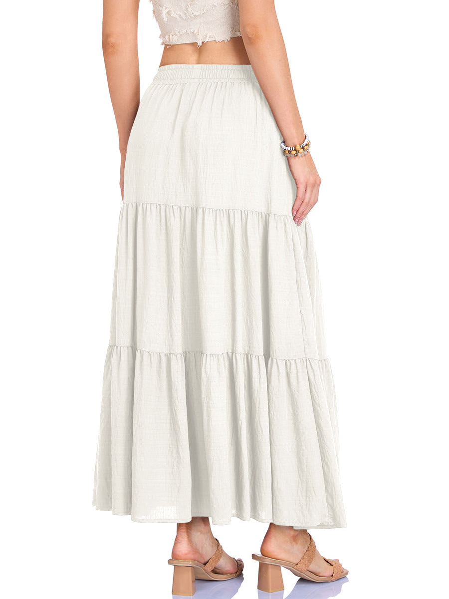Women's Linen Pocket High Waist Elastic Band Lining Skirt