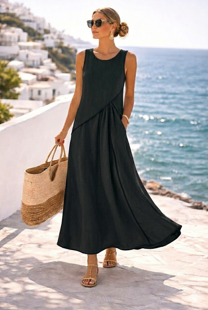 Women's Mediterranean Vacation Style Contrast Color Binding A- Dress