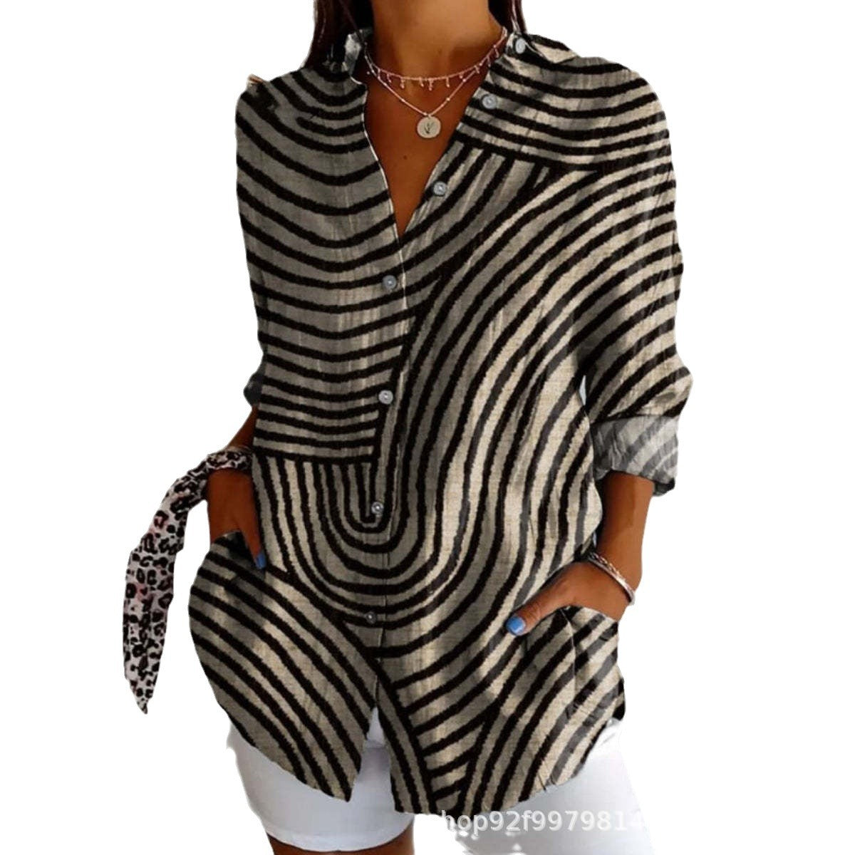 Women's Color Matching Printed Pattern Autumn Casual Loose Shirt Blouse