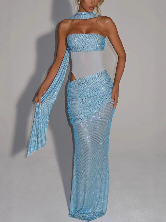 French Style Golden Beautiful Elegant Sequins Ribbon Sexy Tube Tops