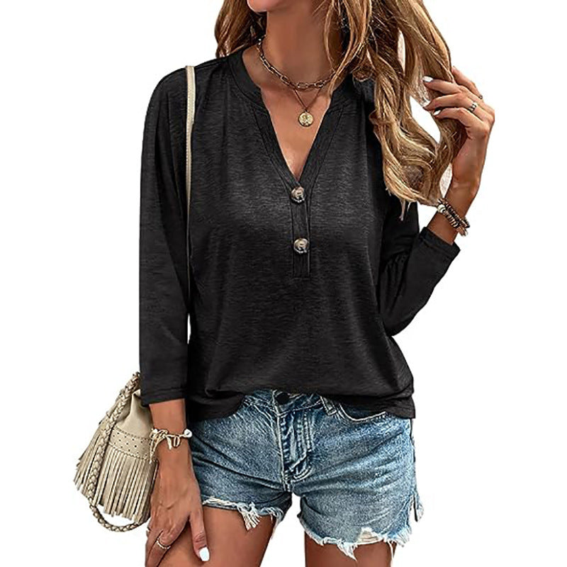 Women's Loose Solid Color Buttons Decorative Sleeve Tops