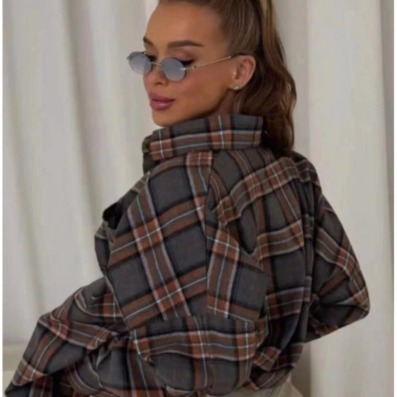 Women's Style Lapel Loose Shirt Autumn Plaid Long Blouse