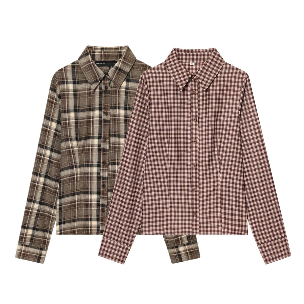 Women's Versatile Plaid Lapel Single Breasted Long Sleeve Slim Blouse