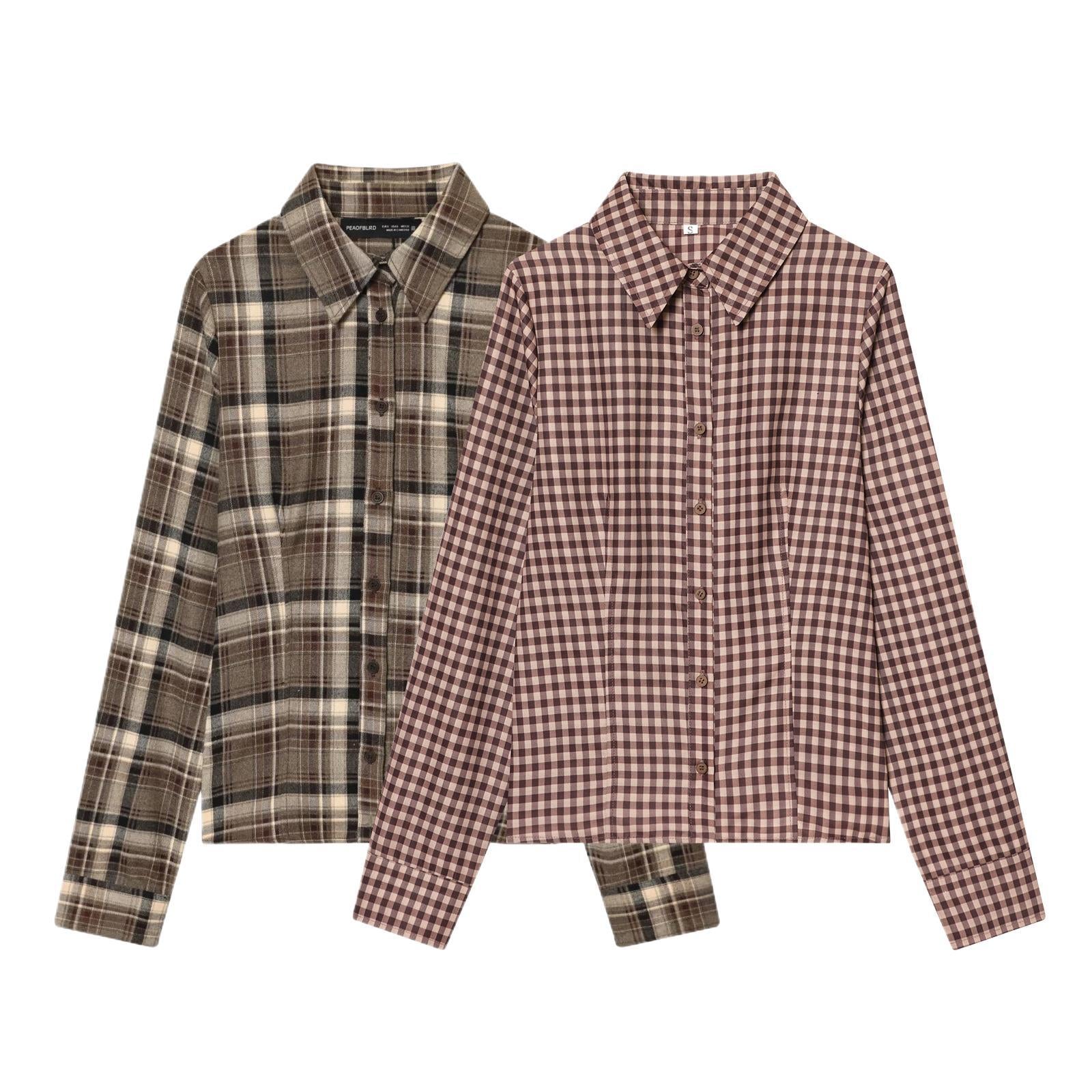 Women's Versatile Plaid Lapel Single Breasted Long Sleeve Slim Blouse