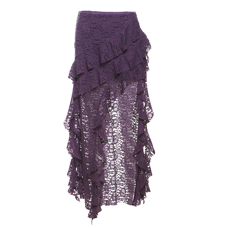 Women's Autumn Unique Design Black Lace Wavy Pleated Edge Skirt
