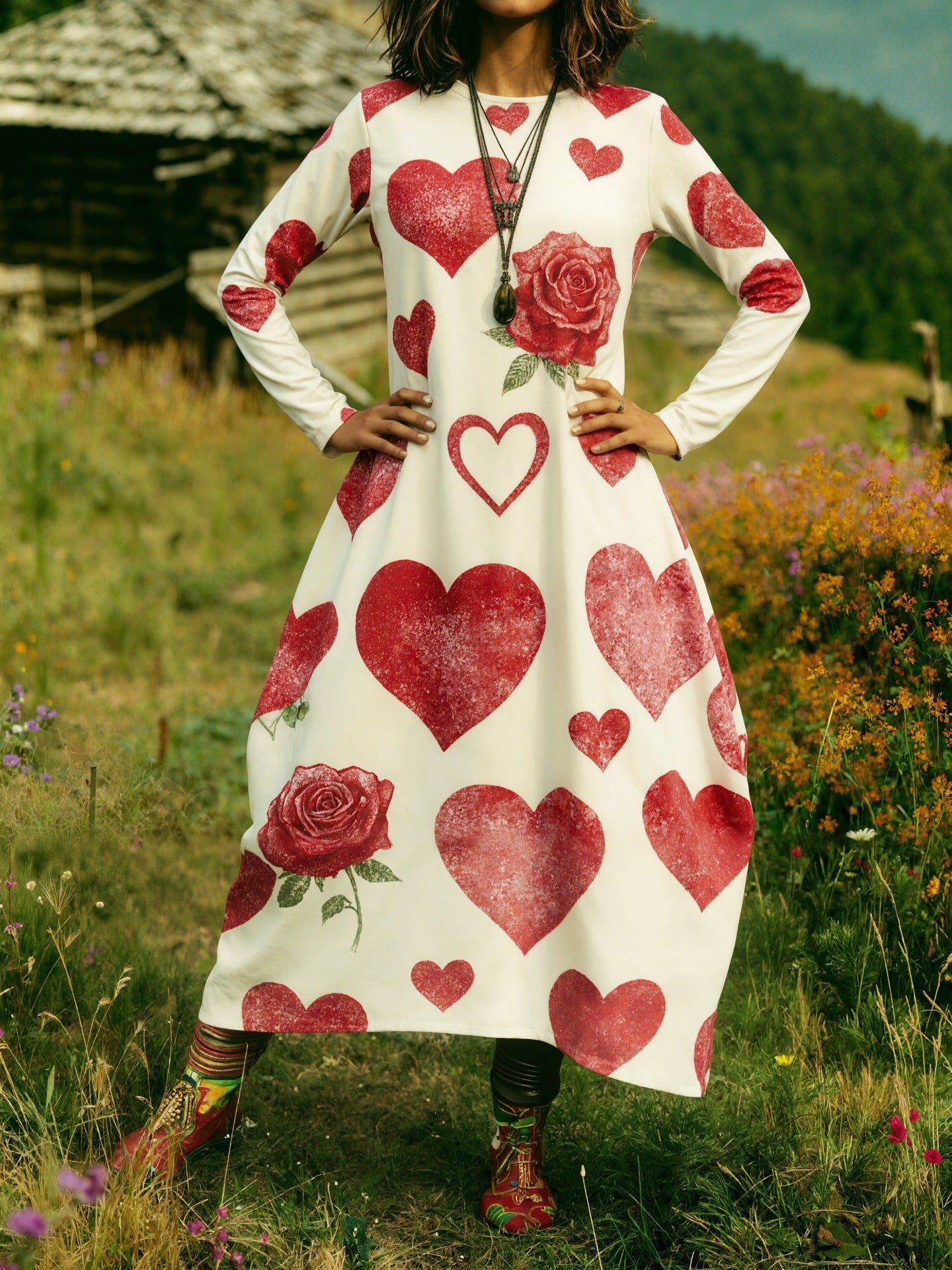 Women's Bohemian Heart Printing Round Neck Long Dress