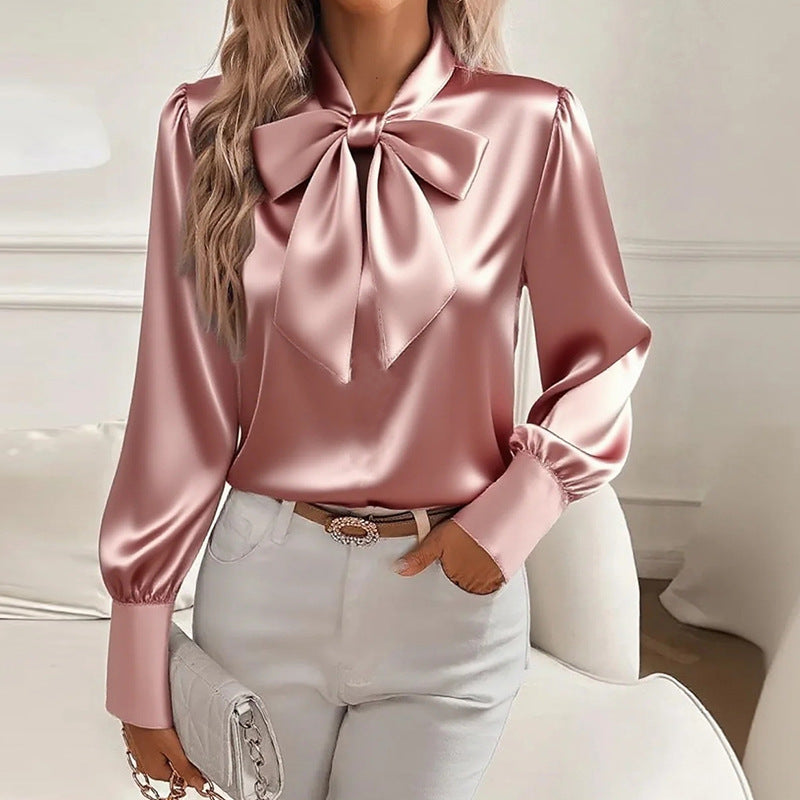 Women's Pure Color Casual Versatile Bow Satin Shirt Blouse