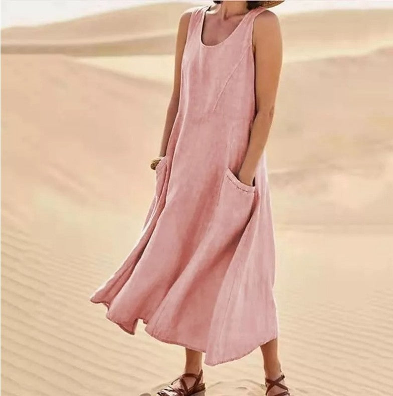 Women's Summer Retro Sleeveless Solid Color Cotton Linen Dress