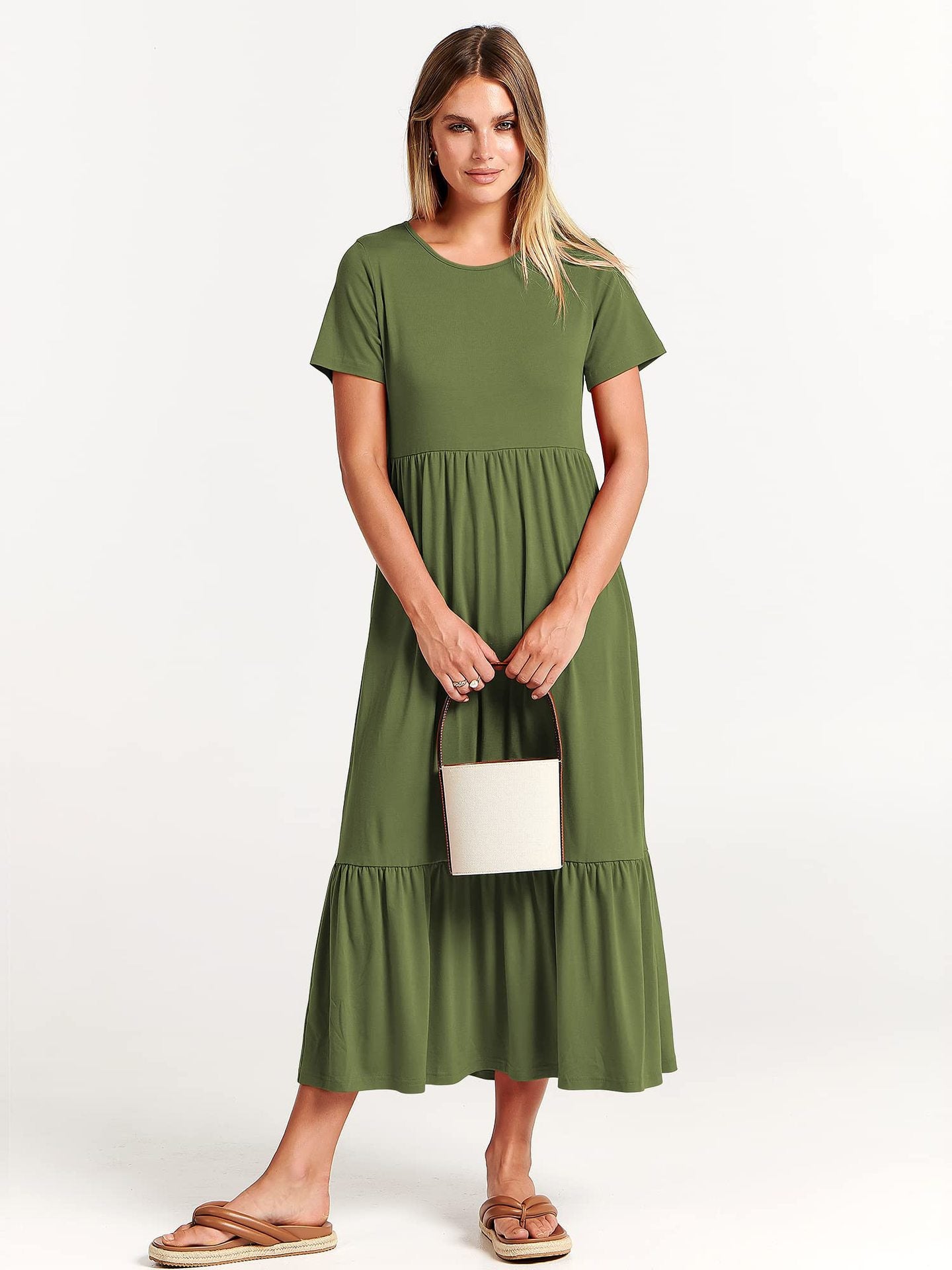 Women's Neck Pleating Solid Color Layered Large Swing Dress