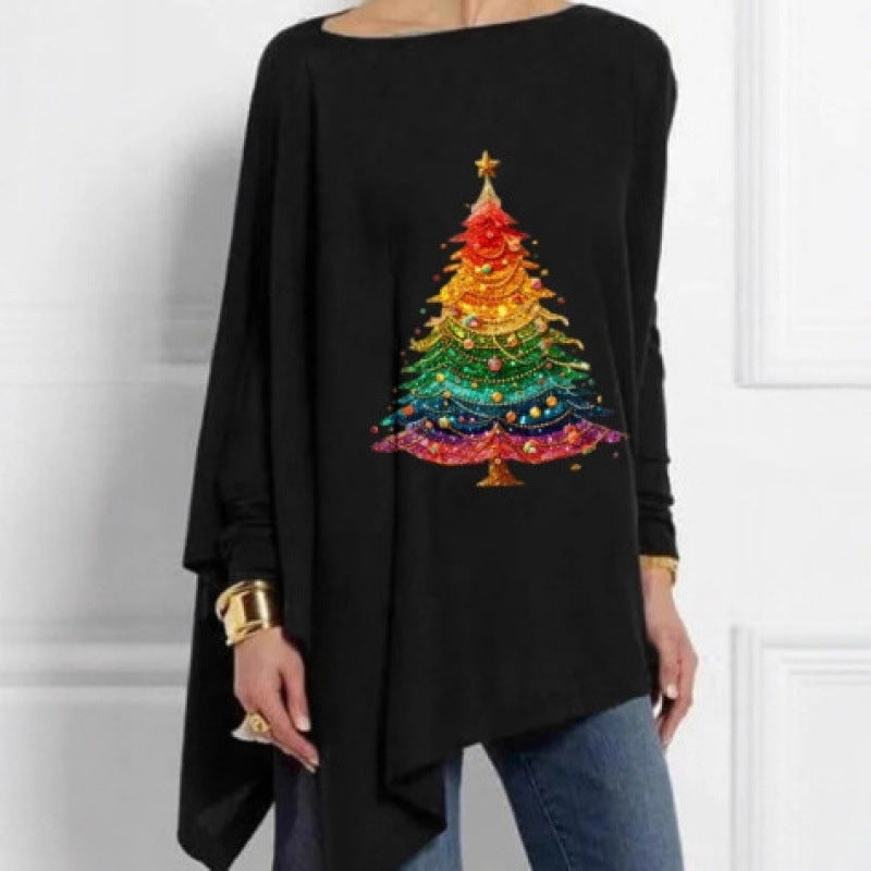 Autumn Irregular Hem Loose Casual Print Batwing Sleeve Bottoming Women's T-shirt