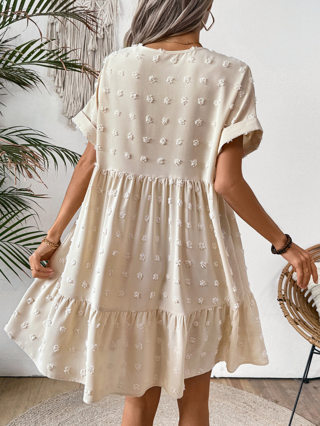 Women's Ladies Casual Sleeve Ruffled Hem Solid Dress
