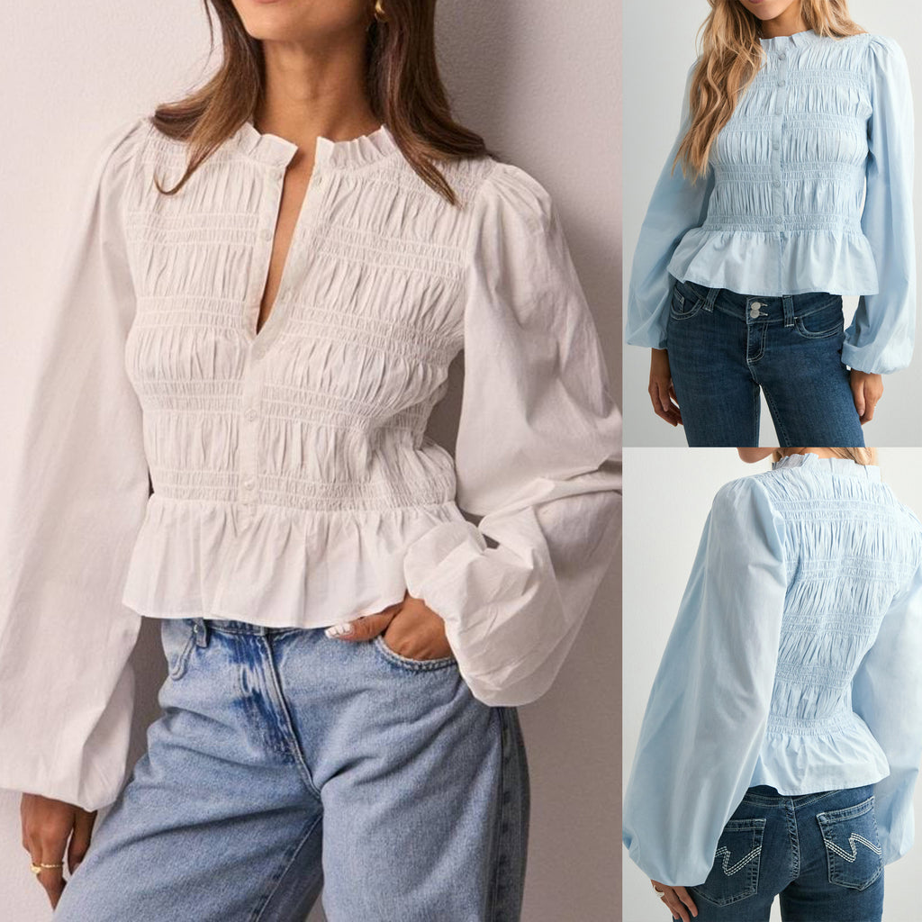 Women's Pure Color Casual Versatile Button Shirt Puff Blouse