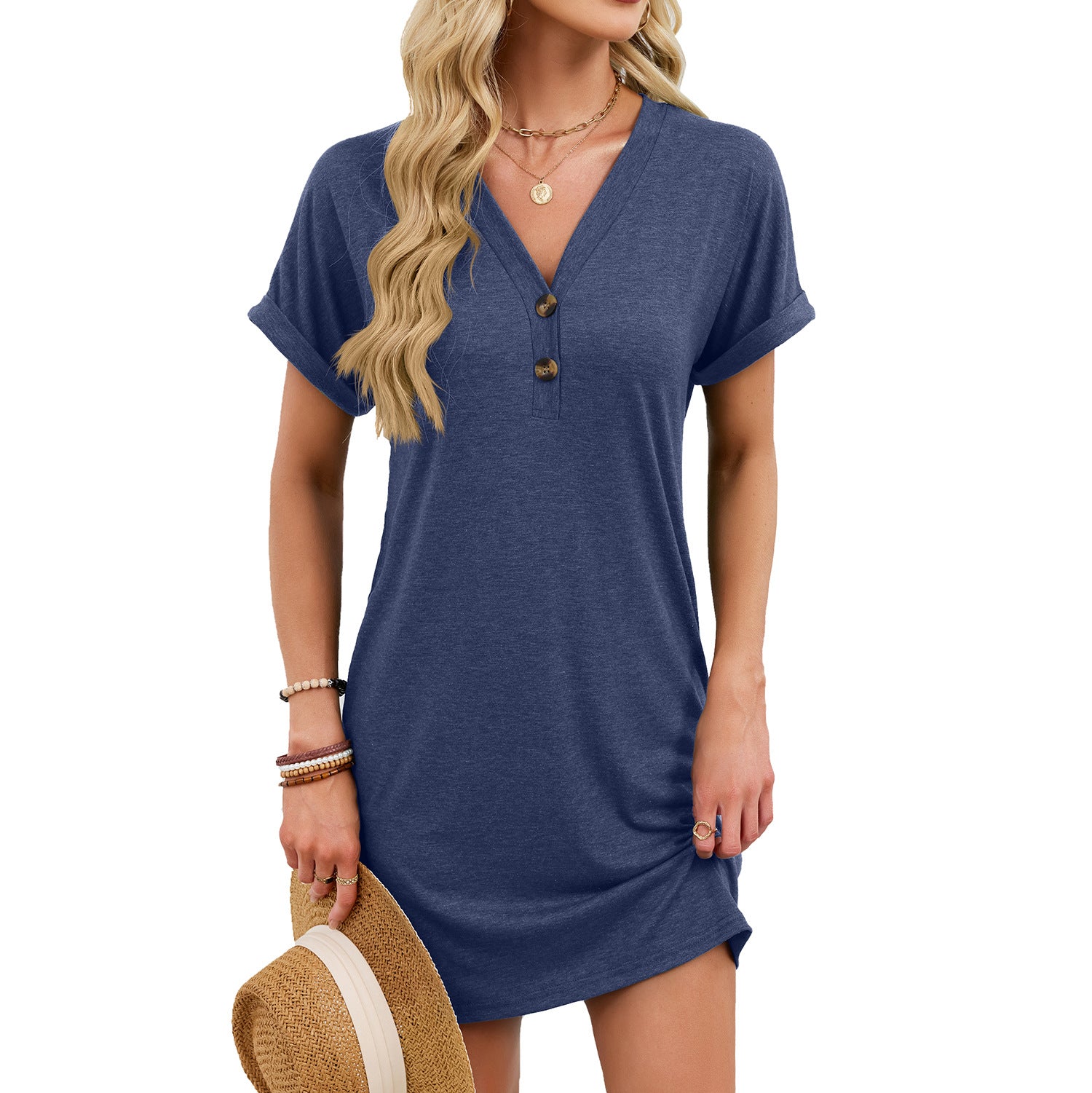 Women's Solid Color Button Sleeve T-shirt Dress