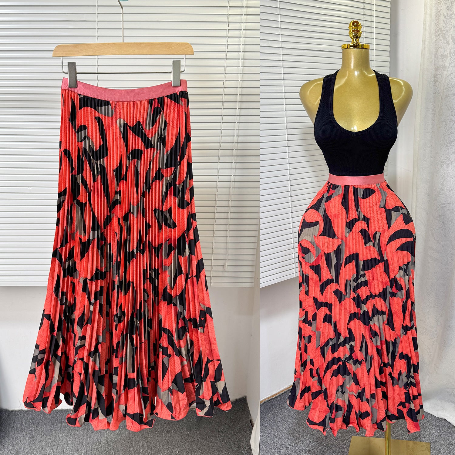 Women's Retro Printed High Waist A- Line Mid-length Pleated Large Hem Skirt