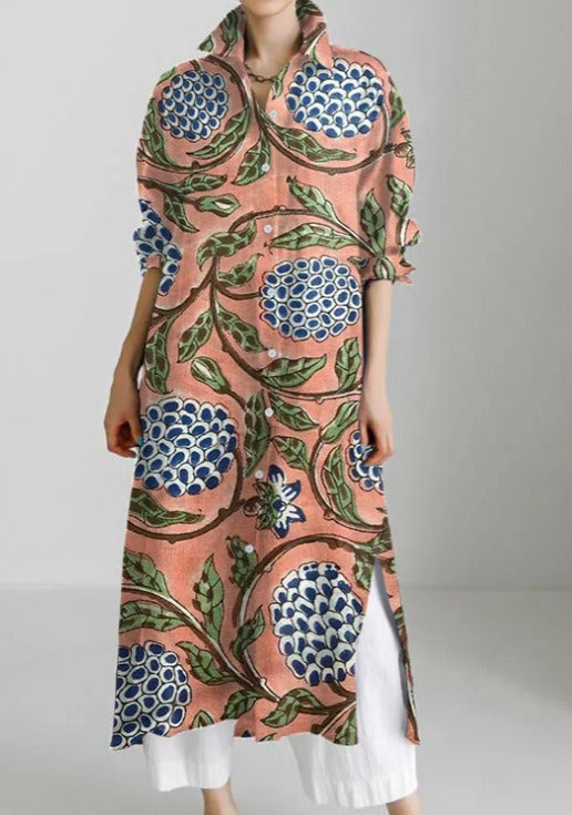 Women's Casual Abstract Printing Long Sleeve Slit Shirt Blouse