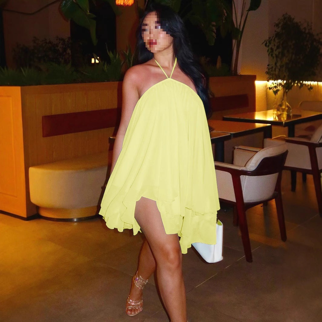 Women's Sexy Pure Color Halter Backless Chiffon Dress