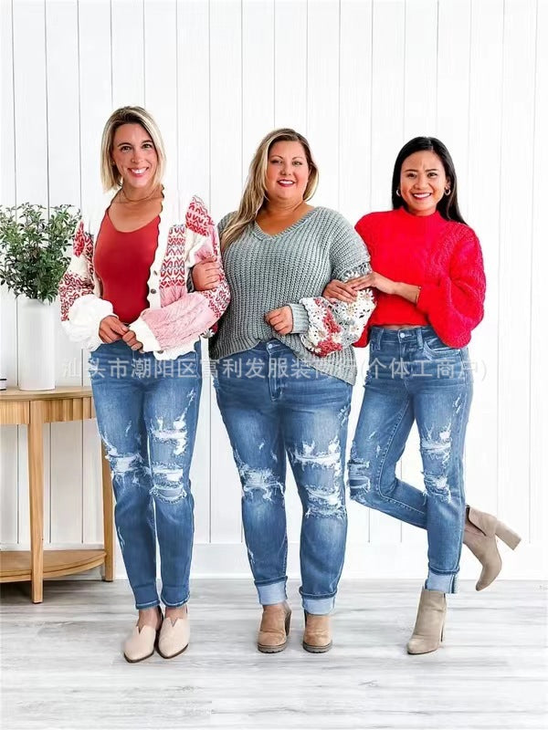 Women's Ripped Mid Waist Pencil Hip Hop Jeans