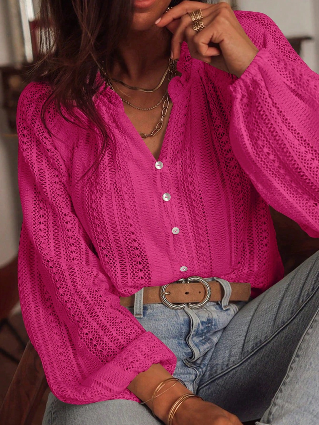 Loose Fashion Versatile Lace Single-breasted Long Sleeve Women's T-shirt
