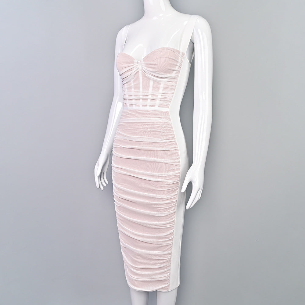 Women's Pleated Mesh White French Sexy Bandage Dress