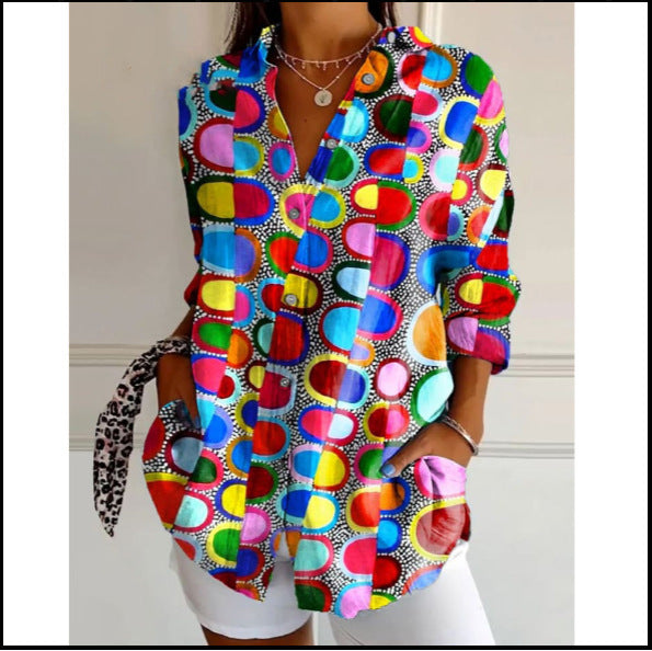 Women's Digital Printing Abstract Pattern Long-sleeved To Figure Blouse