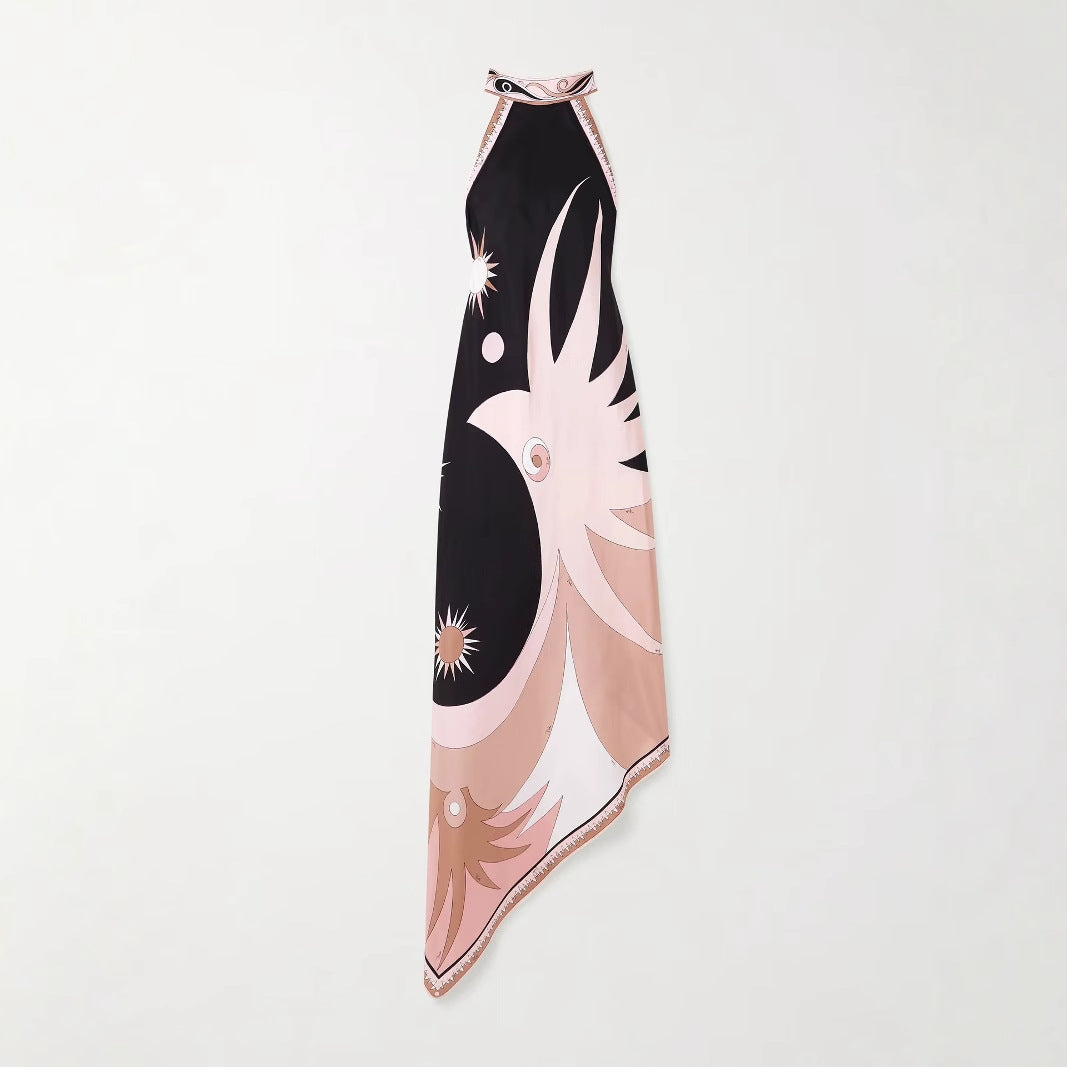 Women's Summer Sexy Halter Backless Print Satin Vacation Beach Dress