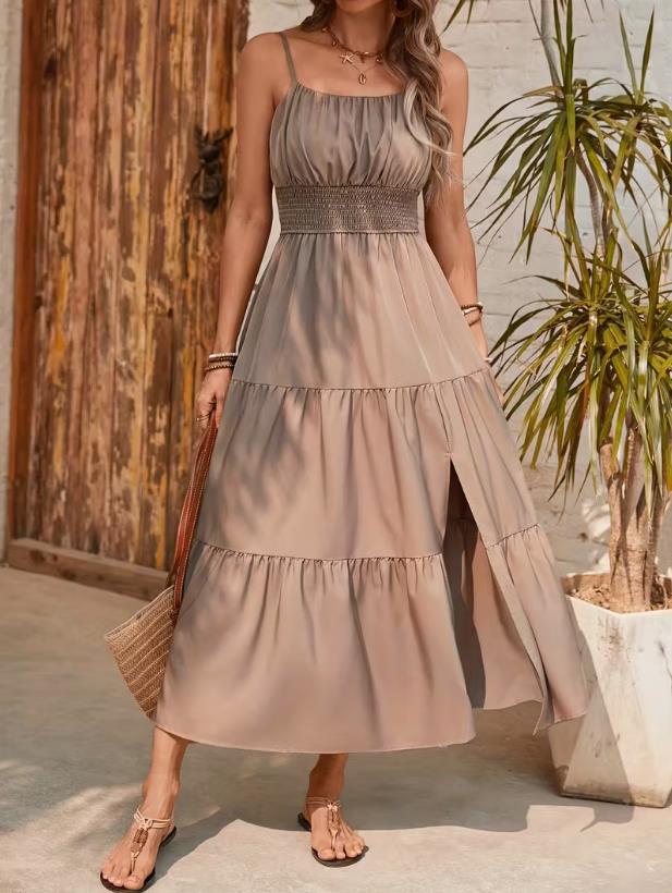 Women's Sling Layered Slim Waist Solid Color Dress