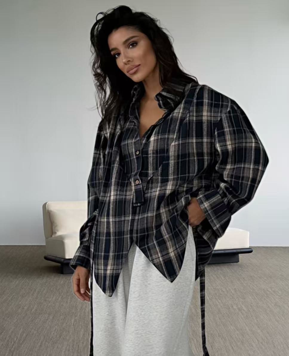 Retro Plaid Design Long Sleeve Shirt Waist Tops