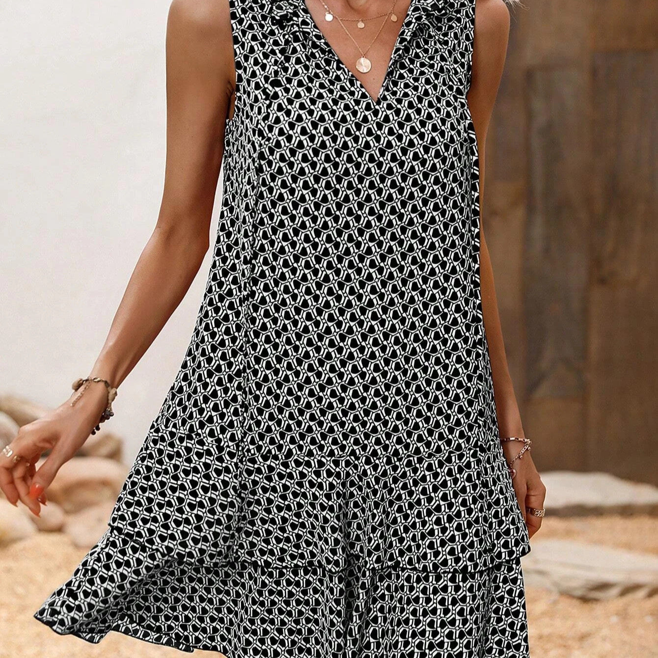 Cool Printed Bow Tie Fashion Lace Dress