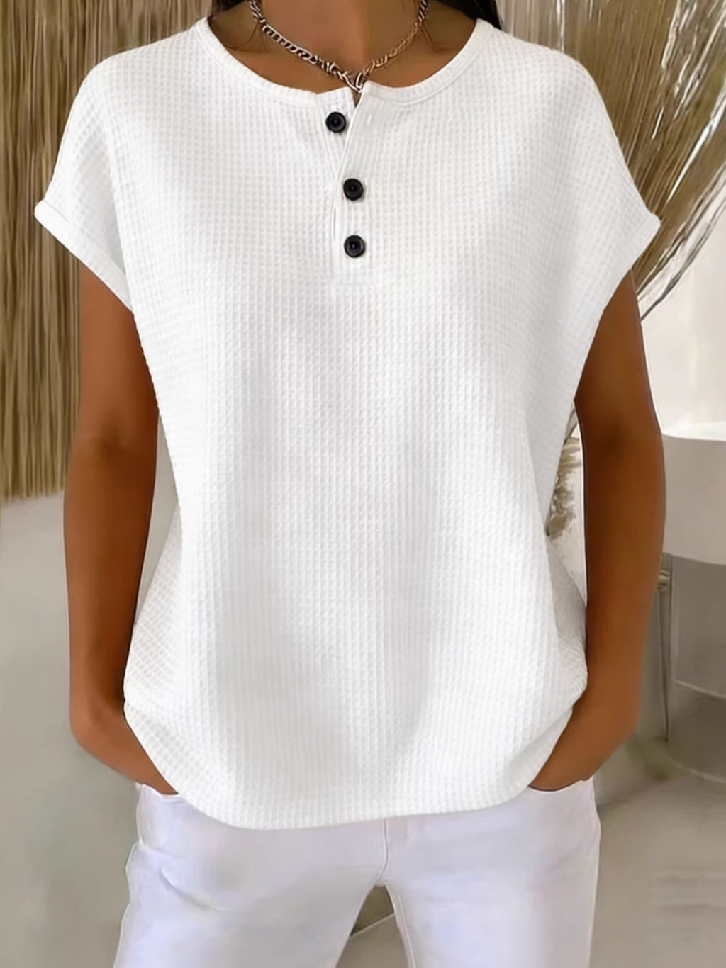 Women's Design Sleeve Summer Half Open Placket Casual Shorts