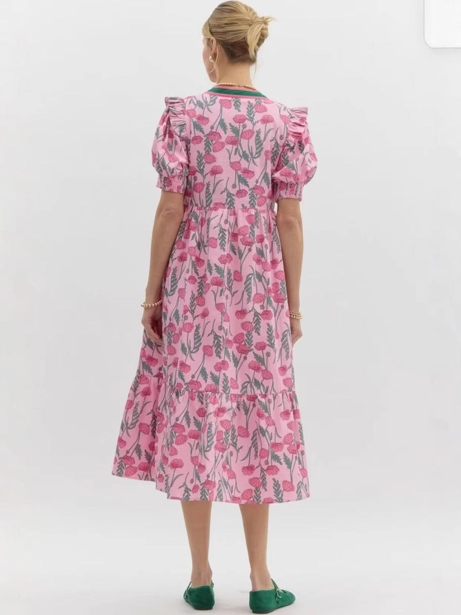 Rose Printed High Waist Puff Sleeve Dress