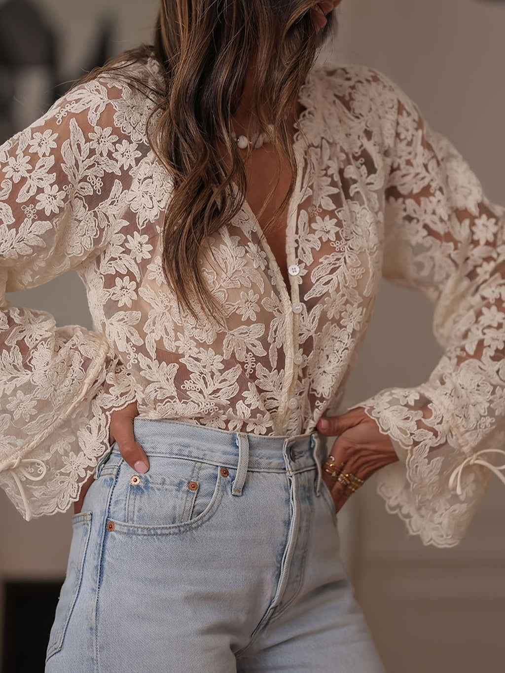 Women's Korean Hollowed Leisure Lace Shirt Blouse
