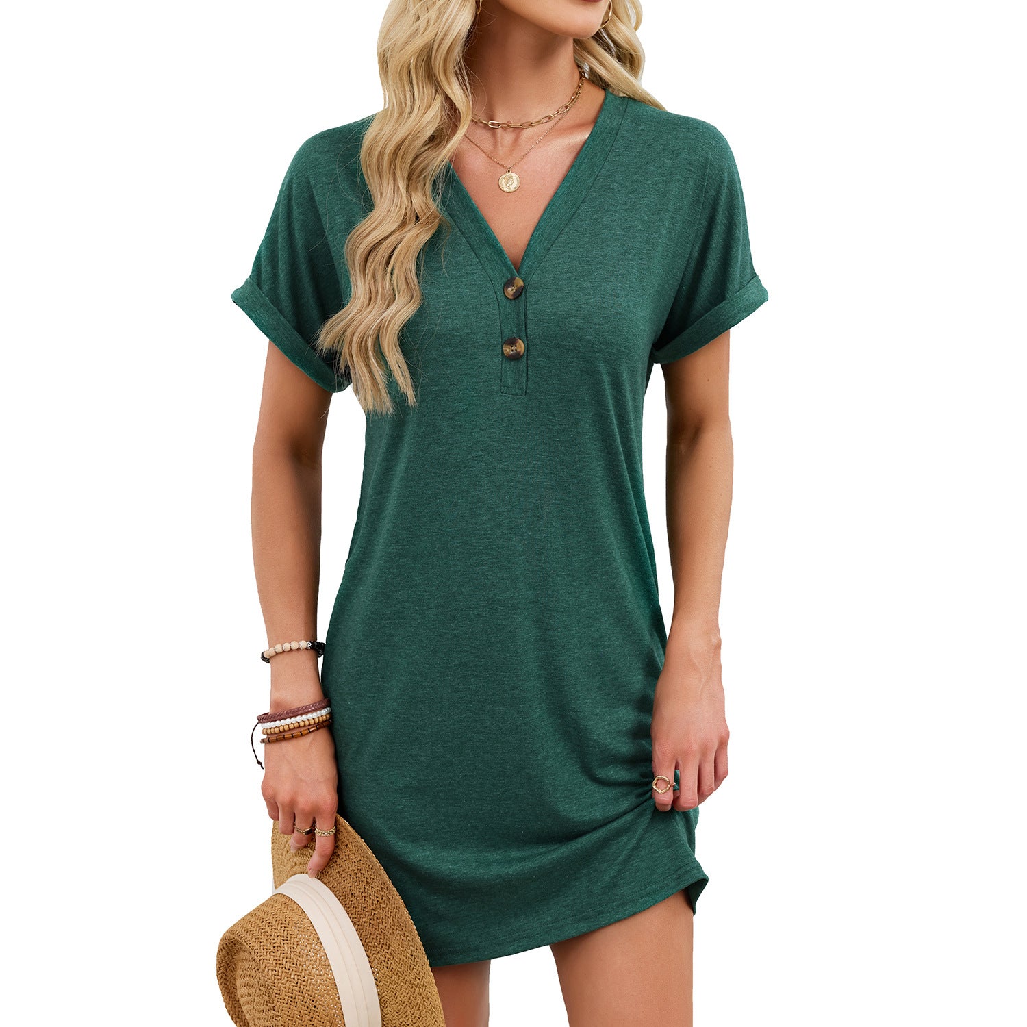 Women's Solid Color Button Sleeve T-shirt Dress