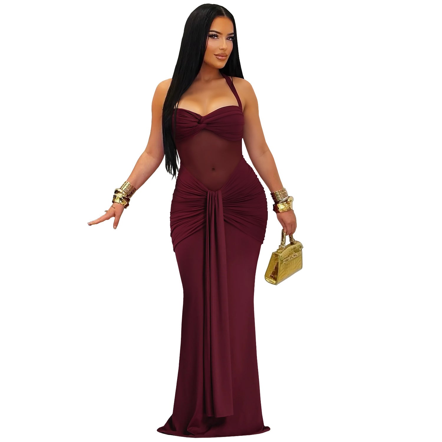 Women's Fashion Wear Sexy Mesh Halter Tied Dress