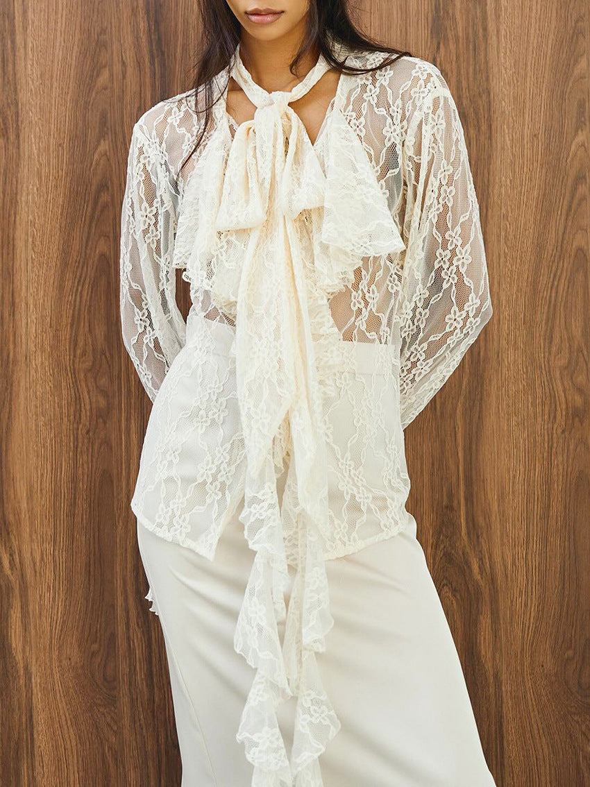 Lace Bow Long Sleeve Shirt Design Blouse