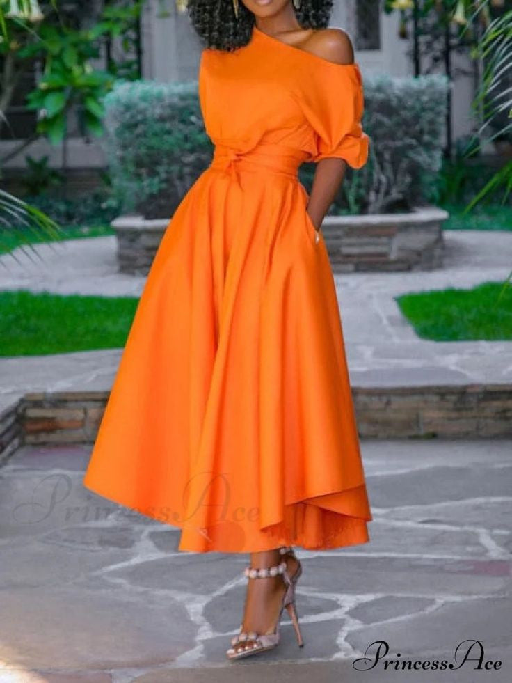 Oblique Shoulder Strap Elegant Solid Color Dress