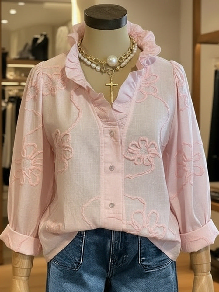 Elegant Lace Embroidery Cotton Linen Sweet Blouse