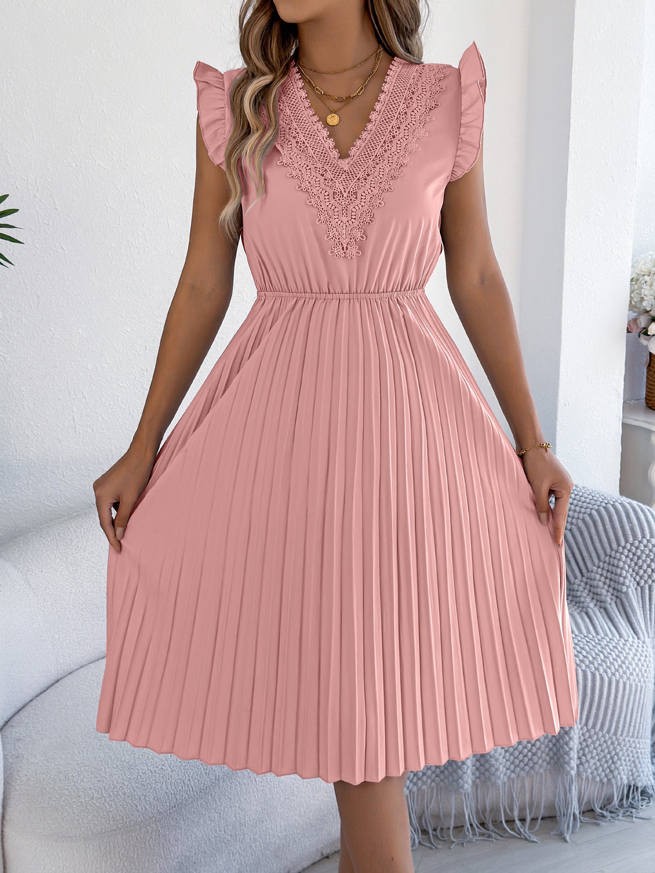 Women's Casual Lace Ruffled Cinched Pleated Dress
