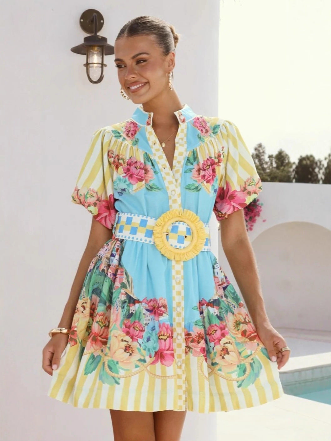 Casual Elegant Linen Puff Sleeve Waist Dress