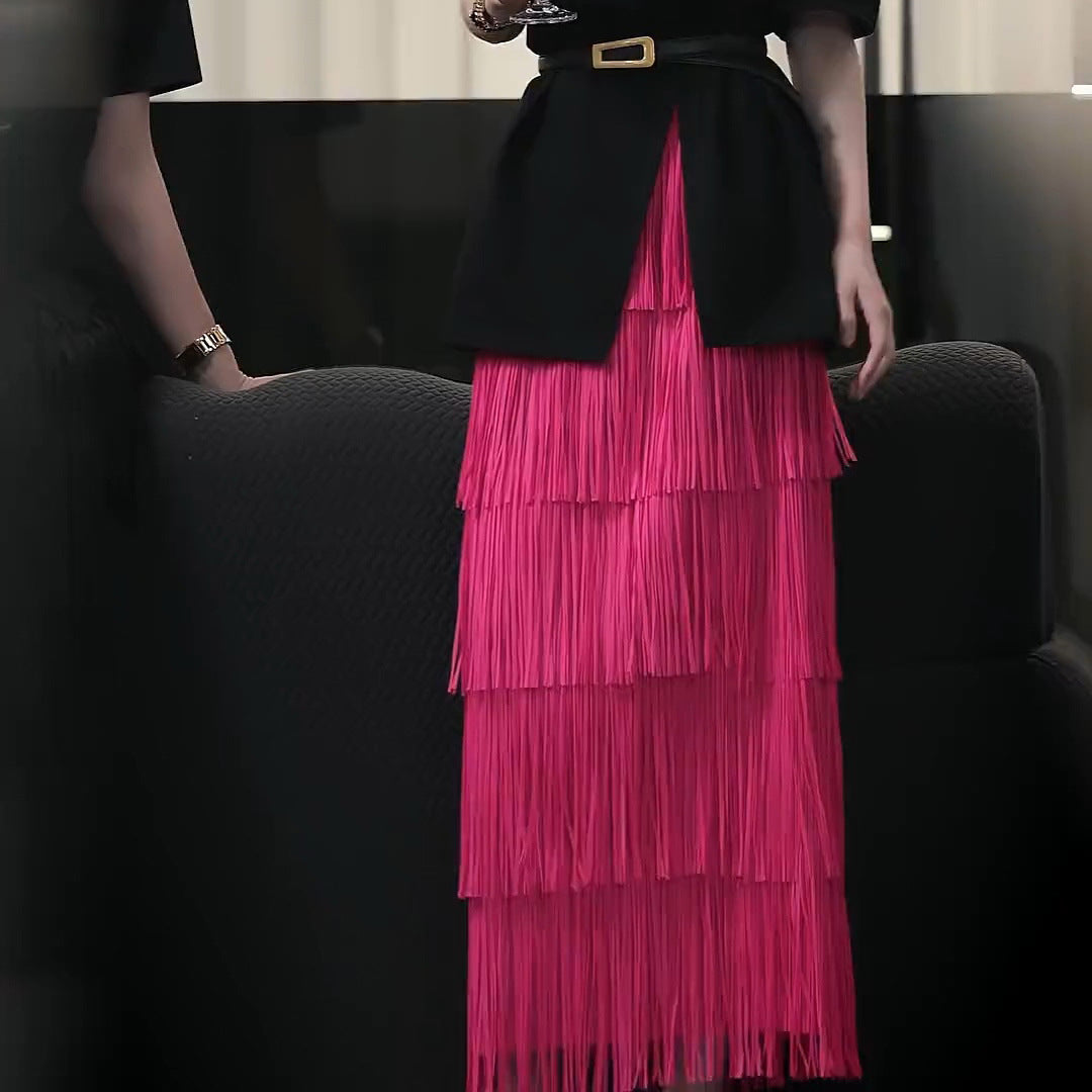 Retro Elegant Layer Tassel Dress Fashionable Draping Skirts