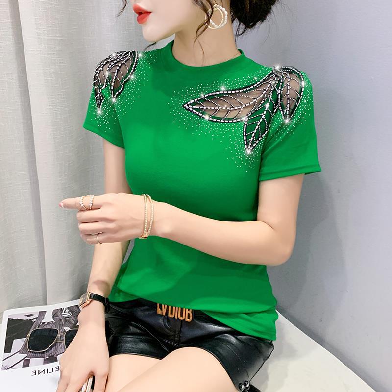 Women's Neck Fashion Hollow Lace Hot Drilling Slim Fit Women's T-shirt