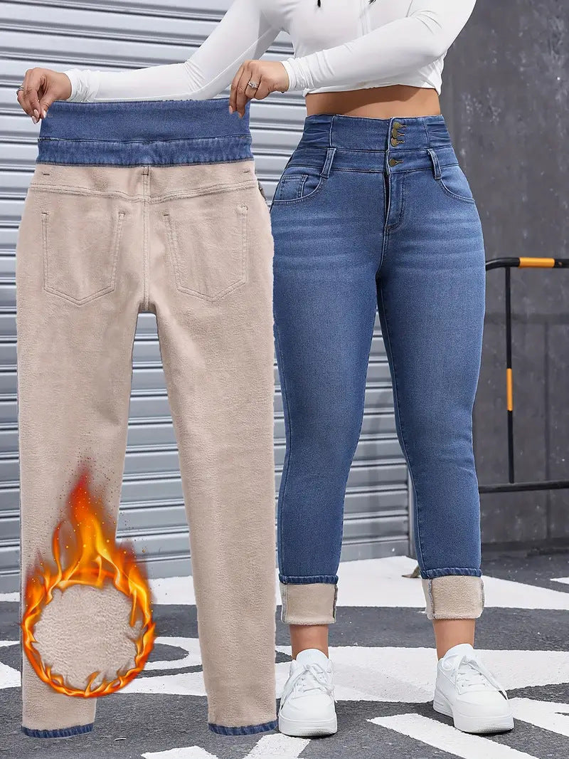 Women's Fleece-lined Elastic Skinny Blue Washed Slim Denim Jeans