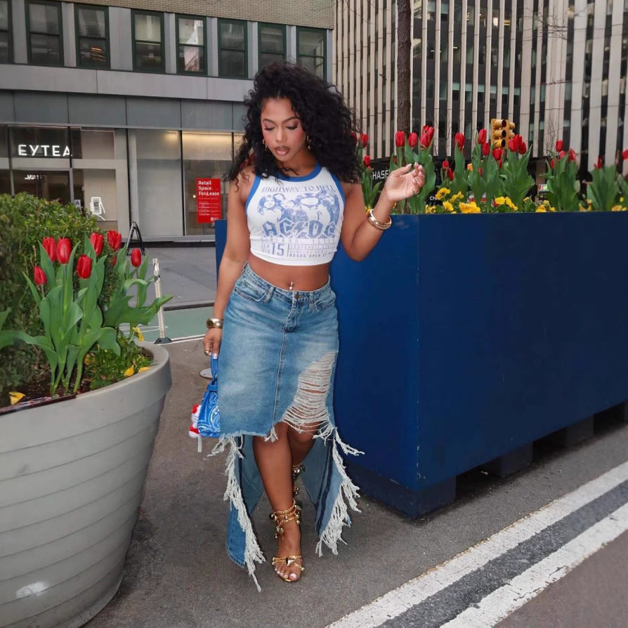 Summer High Waist Raw Hem Ripped Distressed Split Skirts