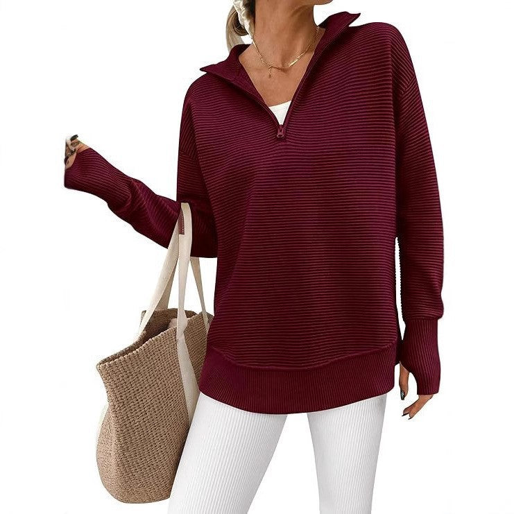 Women's Long Sleeve Half Zip Rib Knitted Pullover Early Autumn Clothing